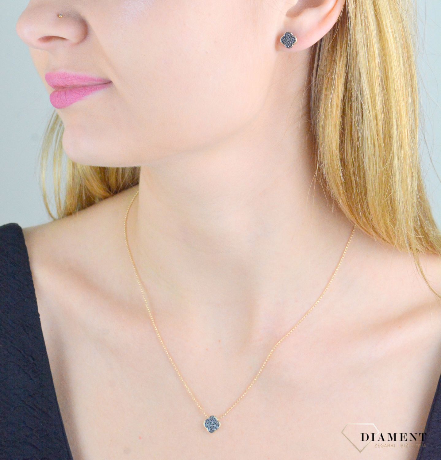 Kolczyki złote damskie 585 wkrętki koniczynki z czarnymi diamentami 0,16 ct E86410Y S BD.jpg